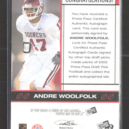 2003 Press Pass Authentics Andre Woolfolk Autograph Auto