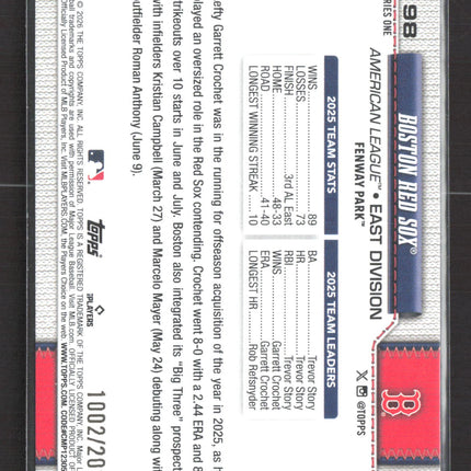2026 Topps Series One Boston Red Sox #198 Gold /2026
