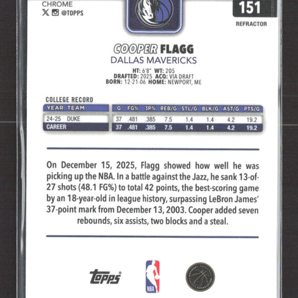 2026 Topps Chrome Cooper Flagg #151 Refractor RC