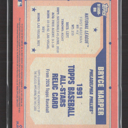 2026 Topps 1991 Baseball All-Stars Bryce Harper #91ASR-BH 4/5 Game-Used Patch