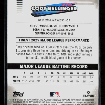2026 Topps Finest Cody Bellinger #161 Pink Refractor 190/250