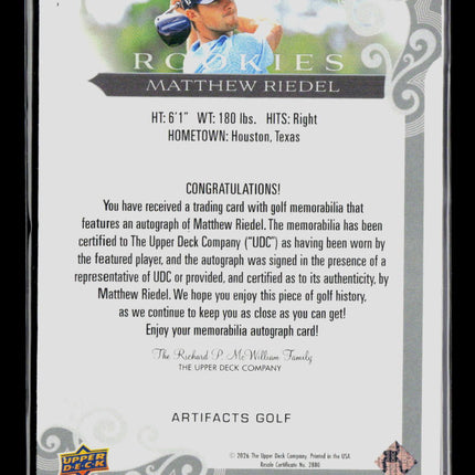 2026 Upper Deck Artifacts Golf Matthew Riedel Rc Pstch Auto #AR-RI 025/149