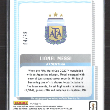 2025 Panini Donruss Road to FIFA World Cup Lionel Messi #SS-LM Purple 84/99 Auto