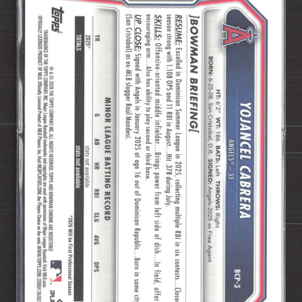 2026 Bowman Chrome Yojancel Cabrera #BCP-3 Green Sapphire 94/99