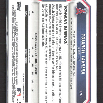2026 Bowman Chrome Yojancel Cabrera #BCP-3 Orange Shimmer 17/25 1st Bowman