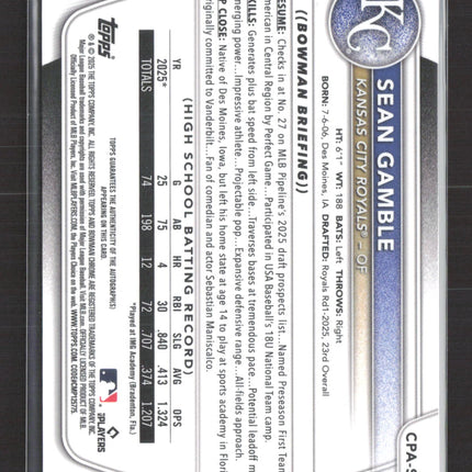 2025 Bowman Chrome Sean Gamble #CPA-SG Blue Refractor 137/150 Auto