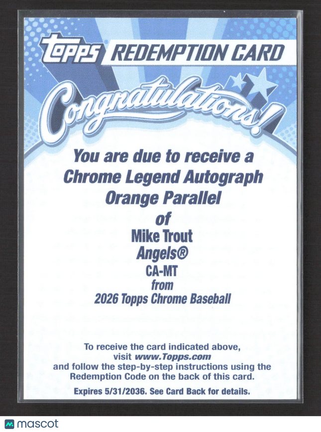 2026 Topps Chrome Baseball Mike Trout #CA-MT Orange Parallel Auto