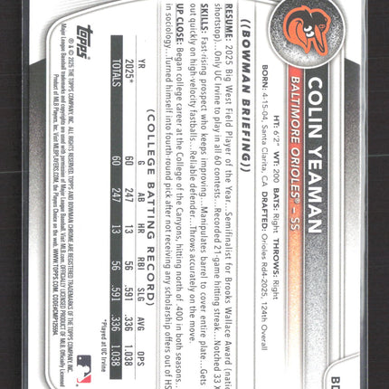 2025 Bowman Draft Colin Yeaman #BD-47 Sky Blue Border 345/499