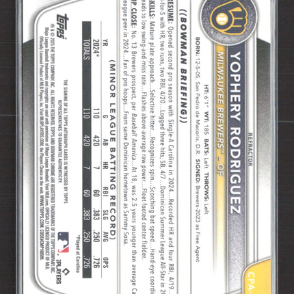 2025 Bowman Chrome Yophery Rodriguez #CPA-YR Refractor Auto /499