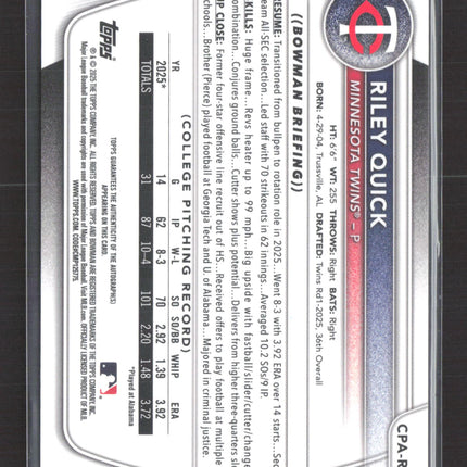 2025 Bowman Chrome Riley Quick #CPA-RQ Auto