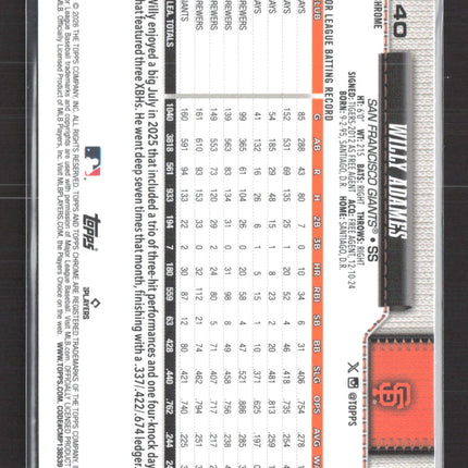 2026 Topps Chrome Willy Adames #140 Purple Sonar Refractor 22/75