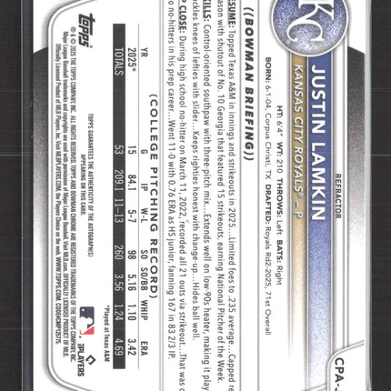 2025 Bowman Chrome Justin Lamkin #CPA-JLA Refractor 042/499 Auto