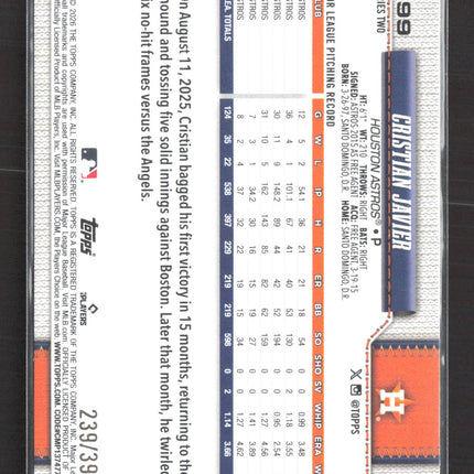 2026 Topps Series Two Cristian Javier #599 Yellow Foil /399