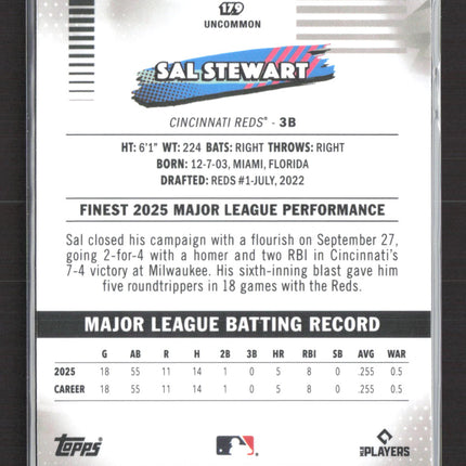 2026 Topps Finest Sal Stewart #179 Yellow Refractor RC 092/275