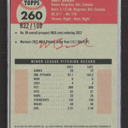 2022 Topps Chrome Sapphire Edition Matt Brash #260 Blue RC 032/100