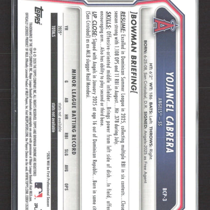 2026 Bowman Chrome Yojancel Cabrera #BCP-3 Yellow Mojo Refractor 21/50