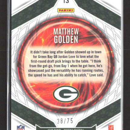2025 Panini Phoenix Football Matthew Golden #13 Green Paragon RC 38/75