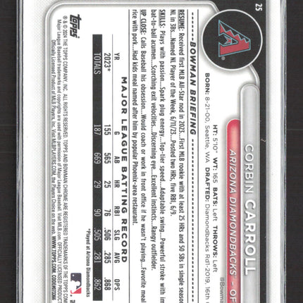2024 Bowman Chrome Corbin Carroll #25 Yellow Mini-Diamond Refractor 32/75
