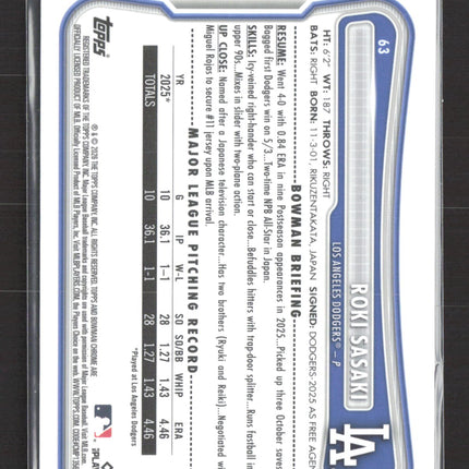 2026 Bowman Chrome Roki Sasaki #63 Mega Box Mojo Refractor