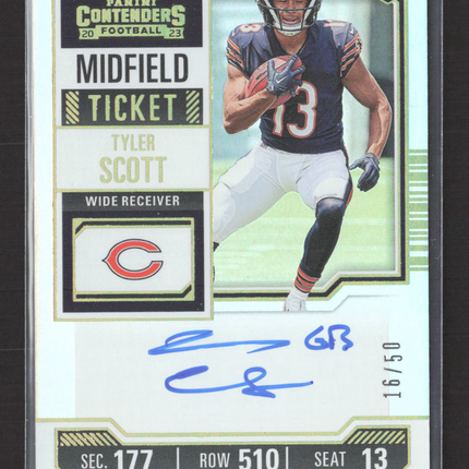 2023 Panini Contenders Football Tyler Scott #138 Midfield Ticket RC 16/50 Auto