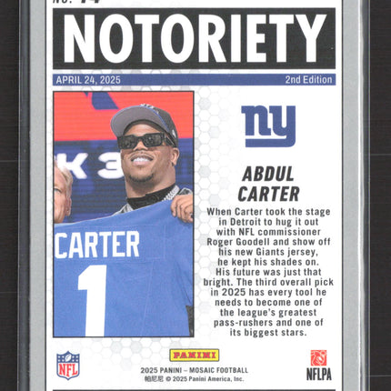 2025 Panini Mosaic Football Notoriety Abdul Carter #14 Orange