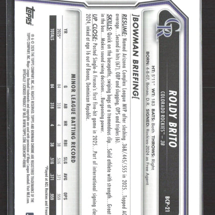 2026 Bowman Chrome Roldy Brito #BCP-21 Mojo Refractor