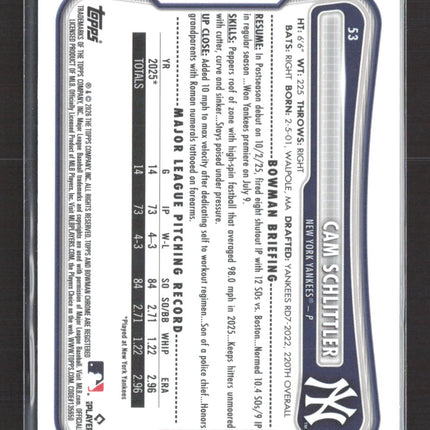 2026 Bowman Chrome Cam Schlittler #53 RC