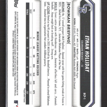 2026 Bowman Chrome Ethan Holliday #BCP-1 Blue Reptillian 026/150