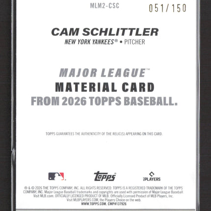 2026 Topps Major League Material Cam Schlittler #MLM2-CSC RC Patch 051/150