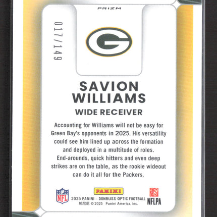 2025 Donruss Optic Savion Williams #RPBH-SWS Green 017/149 Memorabilia