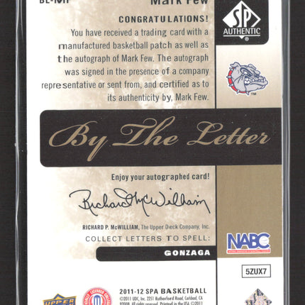 2011 Upper Deck SP Authentic By The Letter Mark Few #BL-MF 25/35 Patch Auto