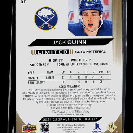 2024 Upper Deck SP Authentic Limited Jack Quinn #57 Autograph Patch /100 Auto