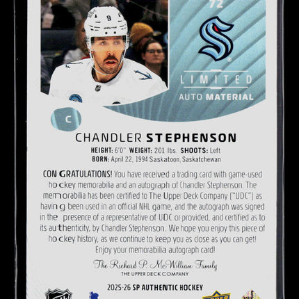 2025 Upper Deck SP Authentic Limited Chandler Stephenson #72 Auto Patch 034/100