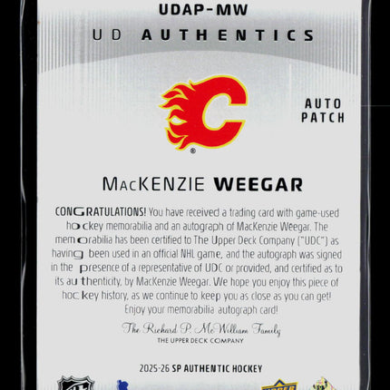 2025 UD SP Authentic UD Authentics MacKenzie Weegar #UDAP-MW Patch 19/49 Auto