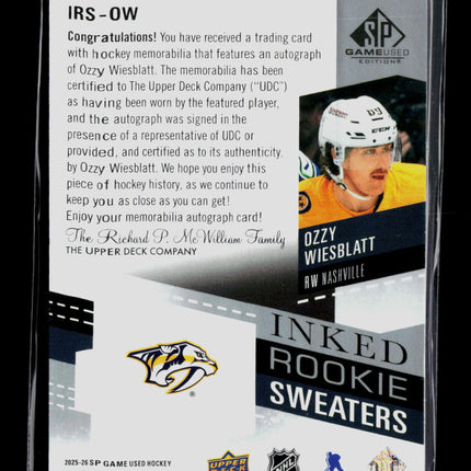 2025 UD SP Game Used Inked Sweaters Ozzy Wiesblatt #IRS-OW /99 Jersey Auto