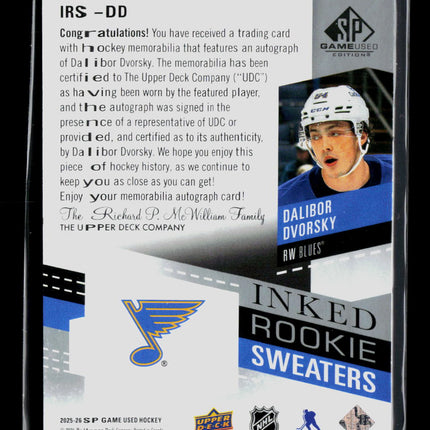 2025 SP Game Used Hockey Dalibor Dvorsky Inked Rookie Sweaters Jersey /99 Auto