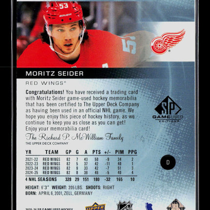 2026 Upper Deck SP Game Used Moritz Seider #9 Red Jersey Memorabilia Jersey