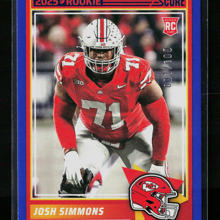 2025 Panini Score Football Josh Simmons #32 RC Blue /100