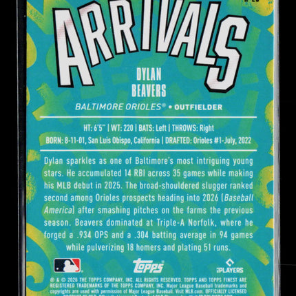 2026 Topps Finest Finest Arrivals Dylan Beavers #A-20 RC
