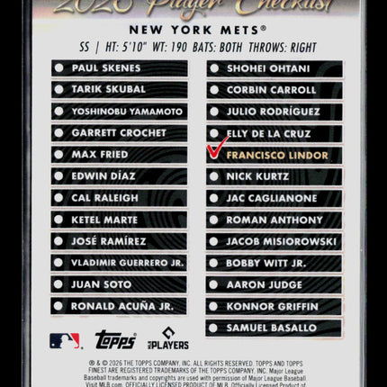 2026 Topps Finest Team Finest Francisco Lindor #TF-19