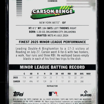 2026 Topps Finest Carson Benge #59 Refractor RC