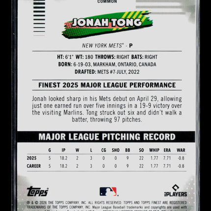 2026 Topps Finest Jonah Tong #72 RC Xfractor