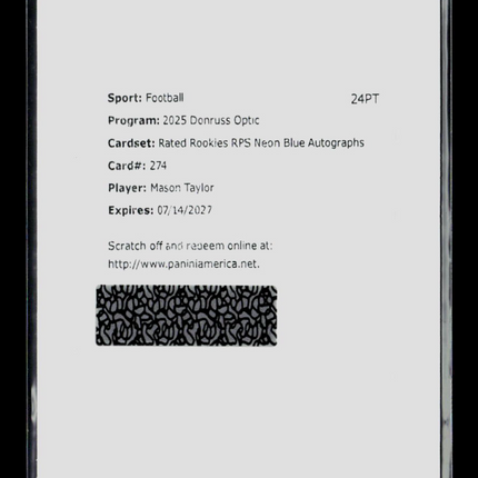 2025 Donruss Optic Rated Rookies RPS Neon Blue Autographs Mason Taylor #274 Auto