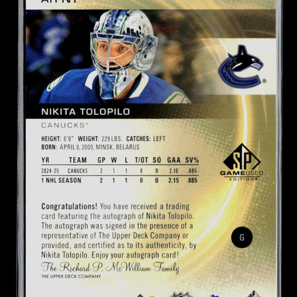 2025 Upper Deck SP Game Used Nikita Tolopilo #AR-NT Blue Autograph Auto