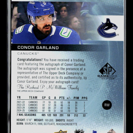 2026 Upper Deck SP Game Used Conor Garland #83 Blue Autograph Auto