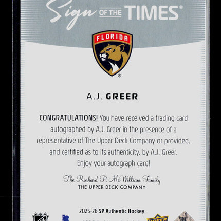 2026 SP Authentic Hockey Sign of the Times A.J. Greer #SOTT-AG Auto