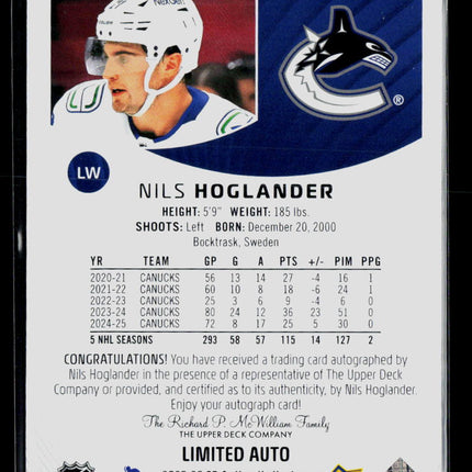 2024 Upper Deck SP Authentic Nils Hoglander #57 Limited Auto Auto