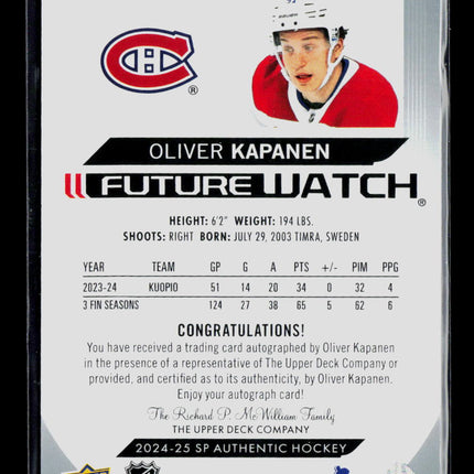2024 Upper Deck SP Authentic Future Watch Oliver Kapanen #169 Auto