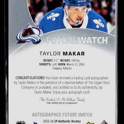 2025 Upper Deck SP Authentic Taylor Makar #191 Future Watch 108/599 Auto