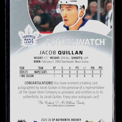 2025 Upper Deck SP Authentic Future Watch Jacob Quillan #111 715/999 Auto